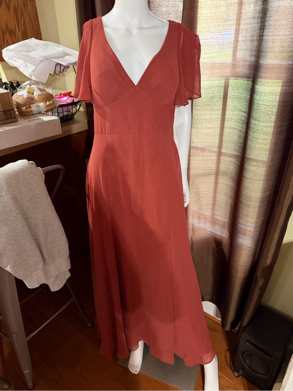 Azazie Terracotta V-Neck Flutter Sleeve Maxi Dress